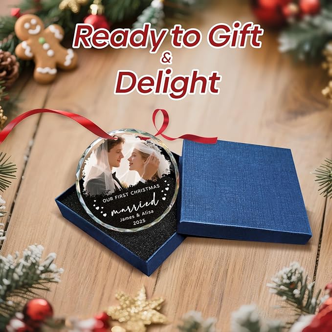Personalized Our First Christmas Ornaments 2025 with Photo, Custom First Christmas Married Ornament, 1st Xmas Ornament for Together, Engaged, As Mr Mrs, Personalized Xmas Gifts Couple (3.15”)