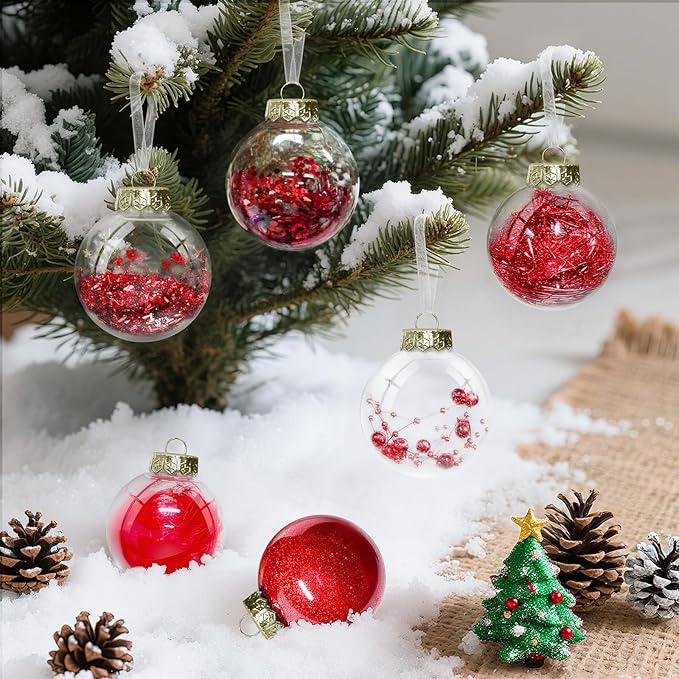 DeckTheHalls Christmas Ball Ornaments Set, 32-Piece Clear Plastic Decor for Crafts, Reusable DIY Festive Tree Decorations, Easy Hang Unbreakable Ornaments for Holiday, Party, Wedding (Red)