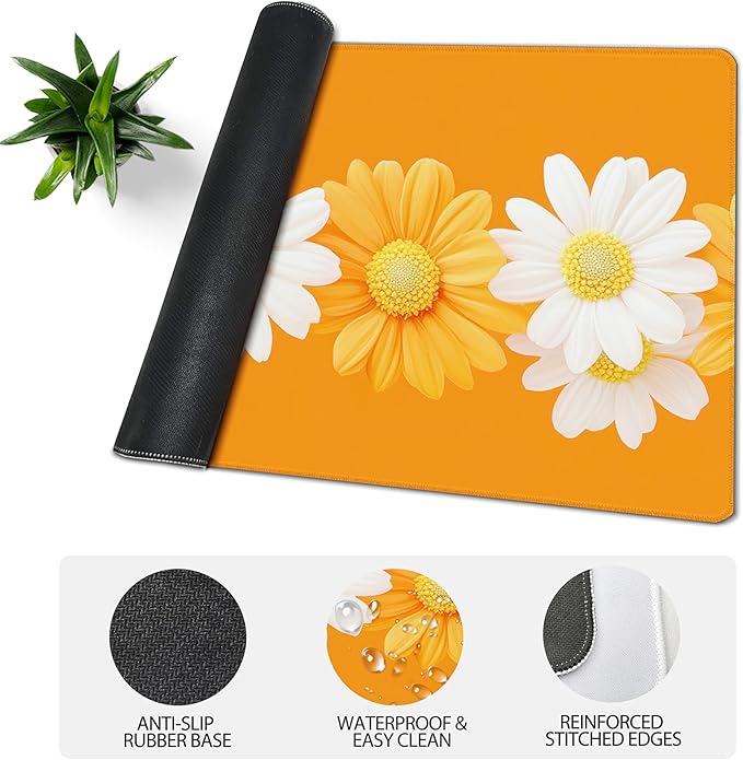 31.5”x11.8”Large Gaming Mouse Pad for Desk, Mouse Mat with Seamed Edges, Waterproof Desk Pad, Non-Slip Rubber Base, Keyboard Pad Computer Mat, Big XL Mousepad-Daisy on Orange