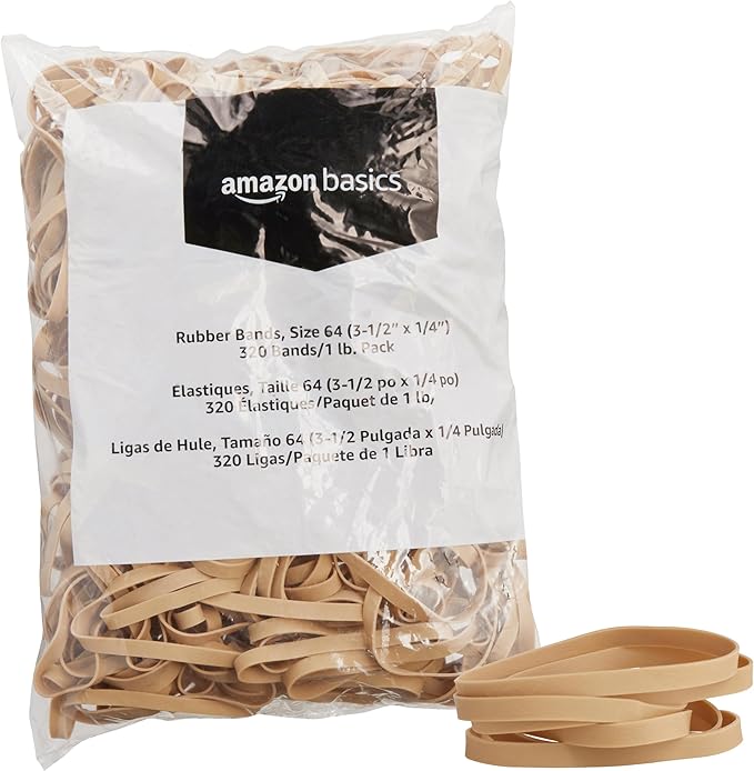 Amazon Basics Rubber Bands, Size 64 (3-1/2 x 1/4 Inch), 320 Bands/1 lb Pack, 25-Pack, Tan