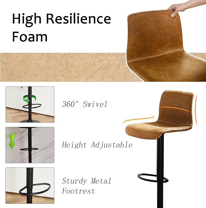 HeuGah Bar Stools Set of 3, Swivel Counter Height Barstools with Back, Adjustable Height 24" to 32", Whiskey Brown Faux Leather Bar Chairs for Kitchen Island (Whiskey Brown, Set of 3 (24'' to 32''))