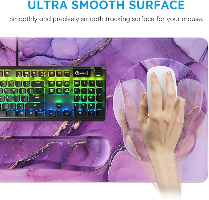 iCasso Purple Ergonomic Large Mouse Pad with Wrist Support, 4in1 XXL Desk Mat Set- Keyboard Wrist Rest + Mouse Wrist Rest + Coaster, Marble Style Desk Pad Mousepad