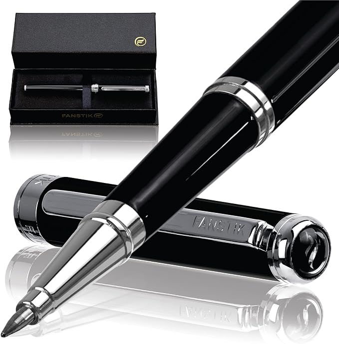 Customized Black & Silver Luxury Rollerball pen (Made In USA) fancy gift set for women, Chrome Finish, Professional executive pen gift set for men (Lux Custom-Rollerball Black-Silver)