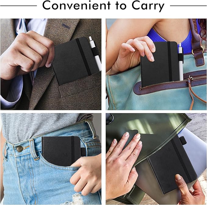 feela 15 Pack Pocket Small Notebooks Bulk, Mini Cute Notepads Hardcover College Ruled Lined Journals with Pen Holder for School Business Memos, with 15 Black Pens, 3.5”x 5.5”, A6, Black