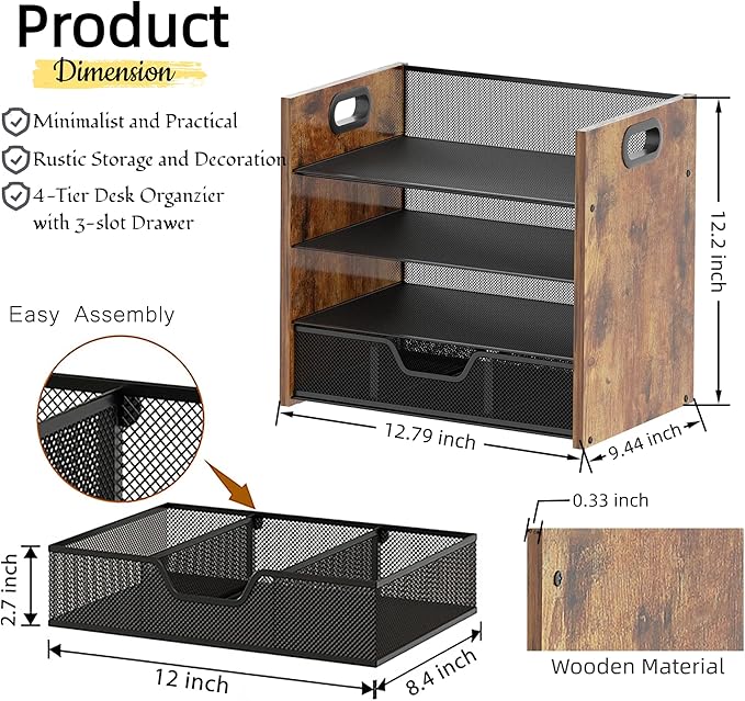 Wood Desk Organizer - 4-Tier Desktop File Organizer with Drawer, Wooden Paper Tray, Office Desk Organizer for Papers, Mail, Notebooks, Stationery