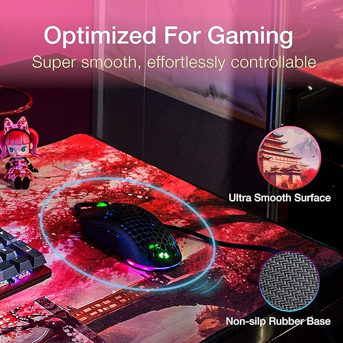 GUNMJO Cherry Blossom Extended Gaming Mouse Pad, Ultra-Smooth Surface for Pixel-Precise Mouse Control, Durable Anti-Fray Stitching, Non-Slip Rubber Base, for Gamer, Office & Home, Light & Portable