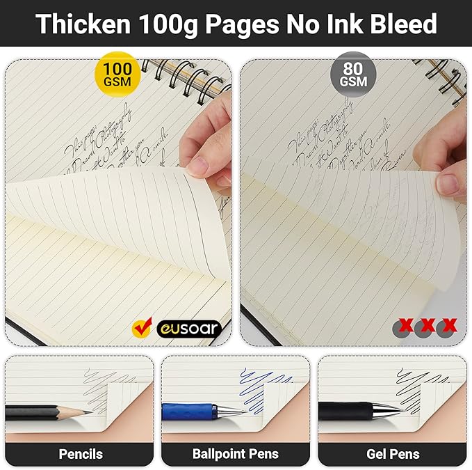 EUSOAR 5 Subject Spiral Notebook, 1pcs B5 7.3"x10.2" College Ruled Hardcover Writing Pads with 100GSM Lined Paper, 120Sheets/ 240Pages, for Note Taking School Business Work Writing Diary, Black