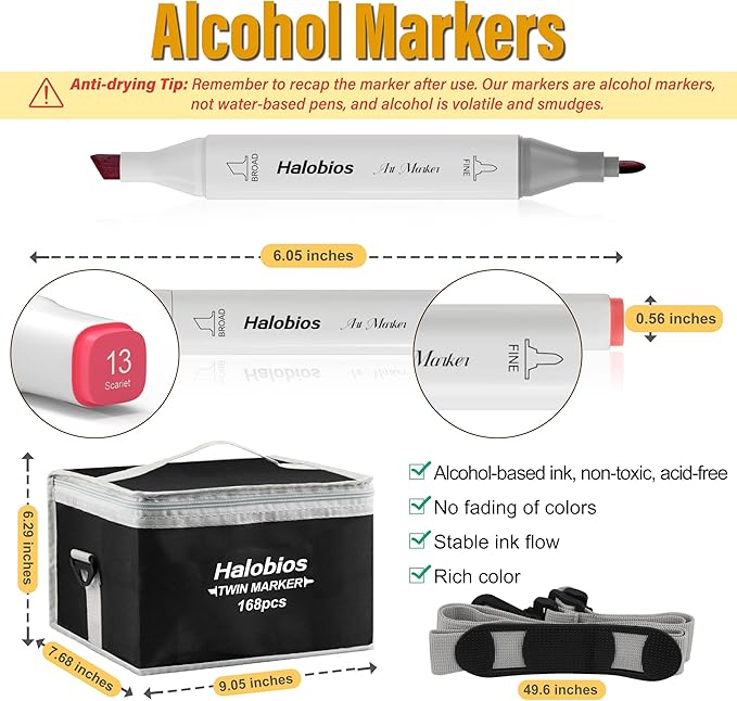 168 Alcohol Markers, Dual Tip Fine & Broad Drawing Markers Alcohol Marker Set with Case, Art Marker for Kids Adults Coloring Artists Drawing Sketching Card Making and Illustration