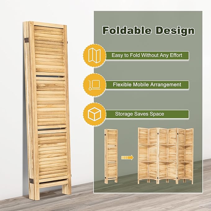 NicBex 6 Panel Room Divider,5.6FT Wood Carved Room Dividers with Display Shelves Folding Privacy Screens Portable Freestanding Partition Wall Dividers for Room Separation, Bedroom Office,Natural Wood