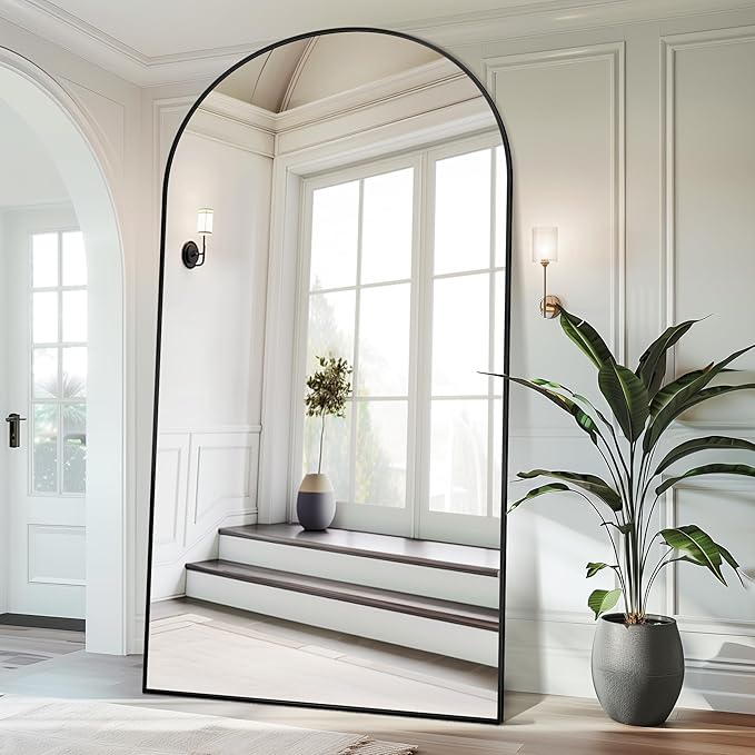 Antok Full Length Mirror, 91"x46" Oversized Floor Mirror Freestanding, Full Body Floor Standing Mirror with Stand, Hanging Mounted for Living Room Cloakroom,Black,Arched Style