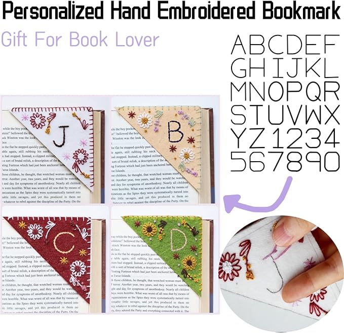 Bookmark Making Kit, Personalized Embroidered Corner Mark for Beginner, 4 Pack, DIY Initial Felt Bookmark Corner, Gift for Book Lover