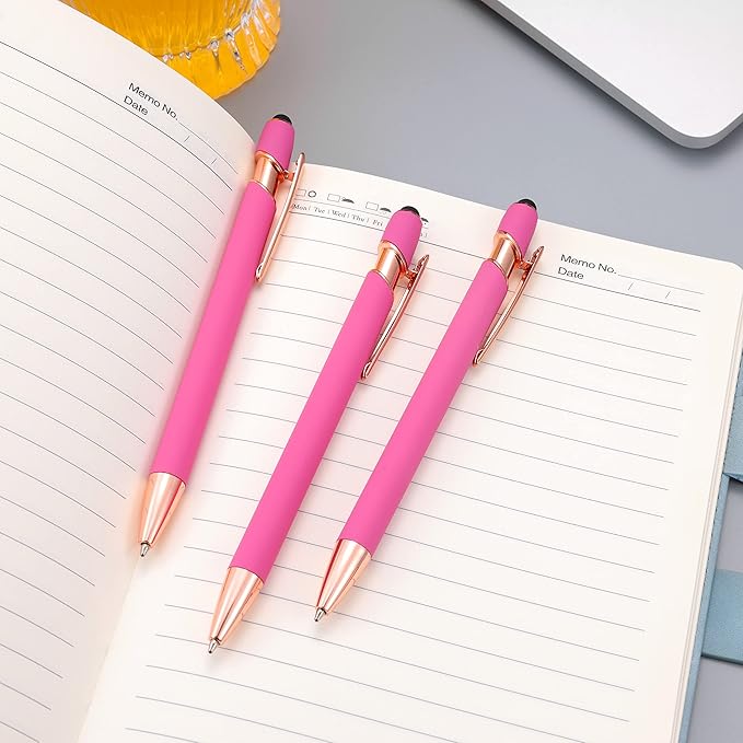 12 PCS 2 in 1 Stylus Ballpoint Pen with Stylus Tip, 1.0 mm Black Ink Metal Pen Stylus Pen for Touch Screens (Rose Gold & Pink)