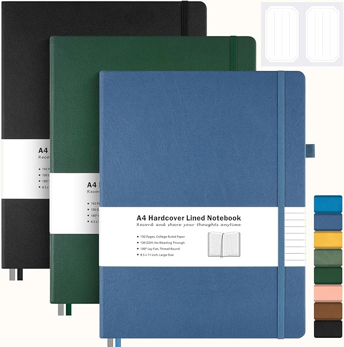 3 Pack College Ruled Notebook, A4 Hardcover Leather Notebook for Work, Lined Notebook Journal for Women, Men, 192 Thick Paper, 8.5" x 11", Large Notebook, Professional Business Notebook, Multicolor