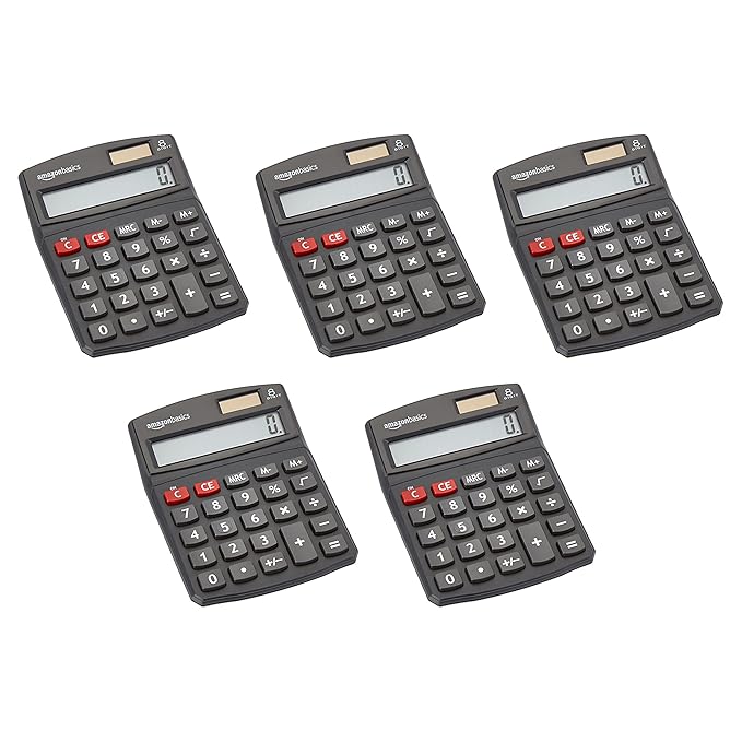 Amazon Basics LCD 8-Digit Desktop Calculator, Portable and Easy to Use, Black, 5-Pack