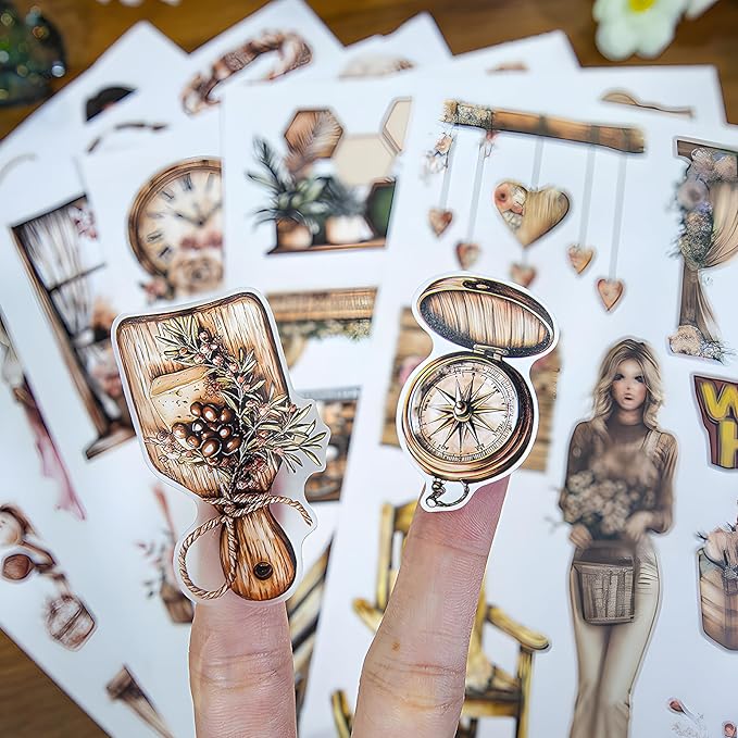Snycler Woodcarving Theme Sticker Scrapbooking Supplies for Junk Journal, 20 Sheets PET Stickers - Vintage Journaling Stickers, Ephemera Sticker Book Pre Cut, Planner, Junk Journal Supplies