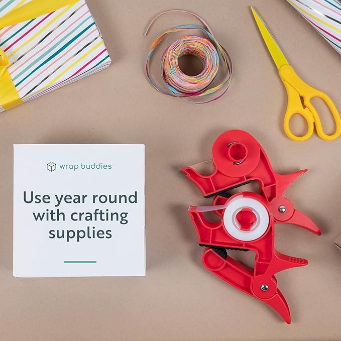 Wrap Buddies Tabletop Gift Wrapping Tool with Tape Dispenser – Set of 2 Adjustable Wrapping Paper Table Clamps with Craft Tape Dispenser - Perfect for Holidays and Crafting - Cherry Red