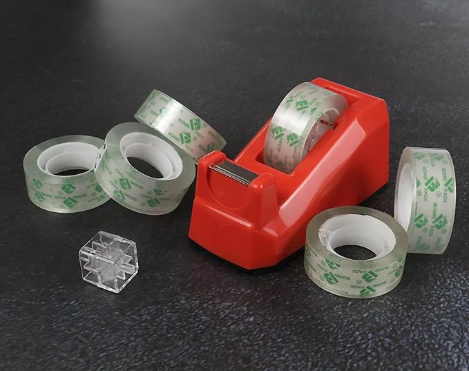 Cute Red Desk Tape Dispensers, 1 Pack with 12Rolls Transparent Tape, 1 Inch Core, for School, Office and Home DIY, BOMEI PACK