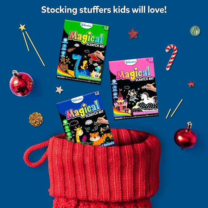 Skillmatics Scratch Art Book for Kids - Animals, Craft Kits & Supplies, 30+ Scratch Stickers, Stocking Stuffers, Travel Toys, DIY Kit, Christmas Gifts for Boys & Girls Ages 3, 4, 5, 6, 7, 8