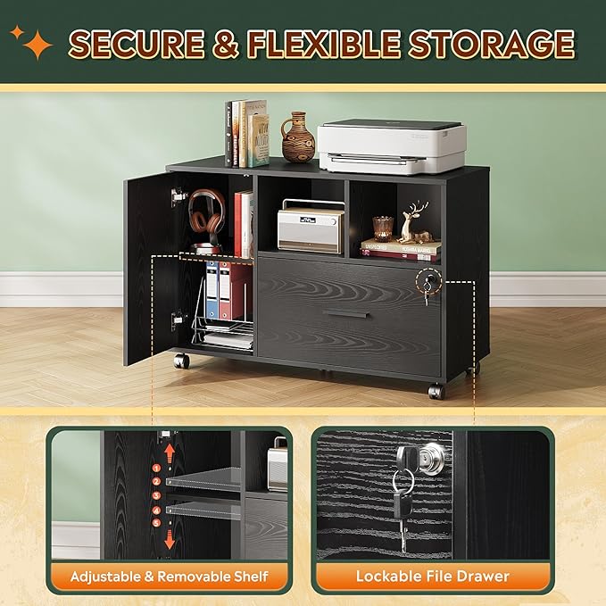 DEVAISE Office File Cabinet with Lock, 1-Drawer Wood Lateral Filing Cabinet on Wheels, Printer Stand with Open Storage Shelves for Home Office, Black