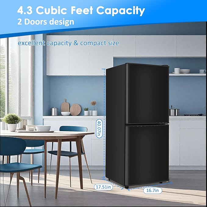 Compact Refrigerator with Freezer 4.3 Cu. Ft. 2-Door Dorm Fridge with Adjustable 7-Level Thermostat, Small Refrigerator with Freezer for Home, RV, College Dorm, Apartment, Office, Black