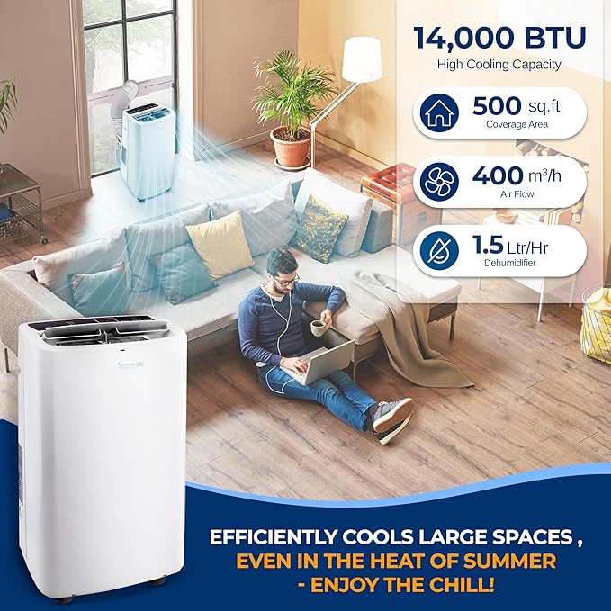 SereneLife Small Air Conditioner Portable 14,000 BTU with Built-in Dehumidifier - Portable AC unit for rooms up to 650 sq ft - Remote Control, Window Mount Exhaust Kit