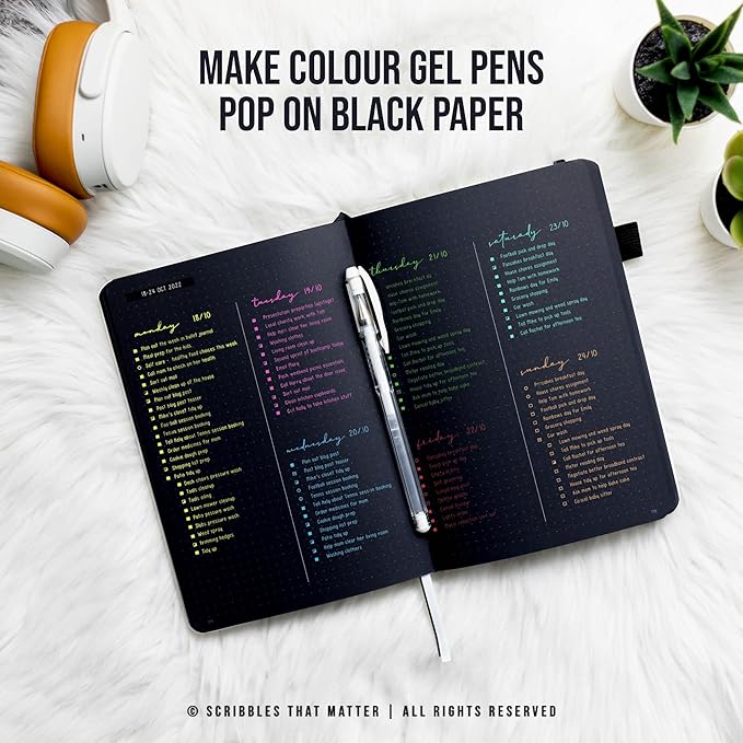 Black Paper Bullet Dotted Journal Notebook | A5 Starry Night by Scribbles That Matter | Free white gel pen | 160gsm Blackout no-bleed dot grid paper | For Men and Women | 5.75 x 8.5 in | White