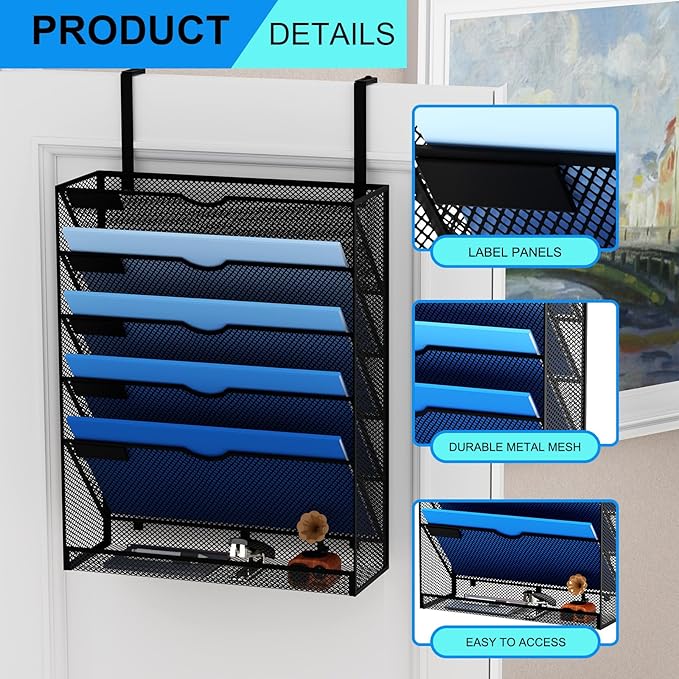 6-Tier Hanging File Organizer Office Cubicle Accessories for Work Organizer Wall Mount File Holder for Mails Folders Papers Magazine Organization, Black