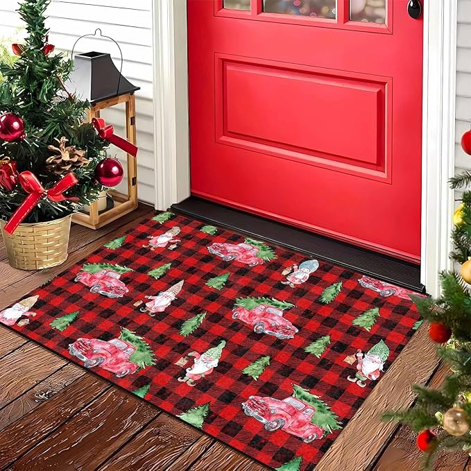 Christmas Front Door Mat Entryway Rug Buffalo Plaid Welcome Matt Front Porch Rugs Santa Claus Truck Doormat Outdoor Entrance Outdoor Rug Floor Mats, 18" x 30"Inch