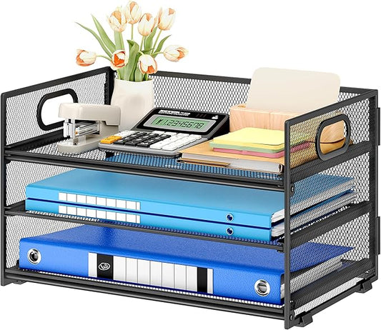 Subekyu 3 Tier Paper Letter Tray Organizer for Desk, Black Metal Mesh Desk File Folder Sorter Organizer with Handle and Sliding Tray for Home, Office, School Supplies Organization Storage