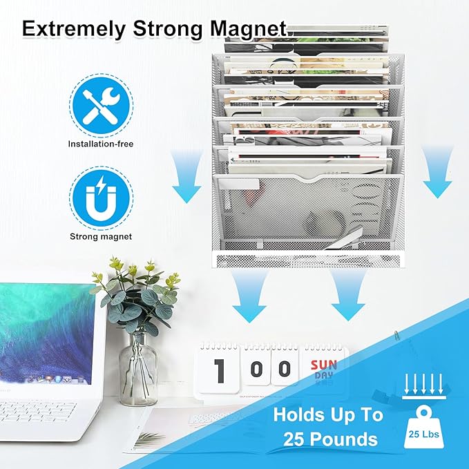 6 Tier Magnetic File Holder, Large Capacity Mesh Hanging Wall Organizer Vertical Magnetic Hanging File Organizer, Magnetic File Folder Holder for File Cabinets, Office, Whiteboard (White)
