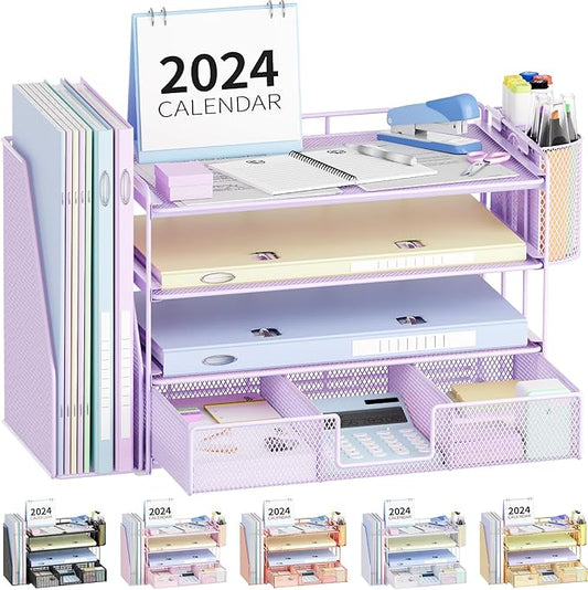 Desk Organizer and Accessories, 4-Tier Desktop File Organizer with Drawer and 2 Pen Holders, Office Desk Accessories for Office Supplies(Purple)