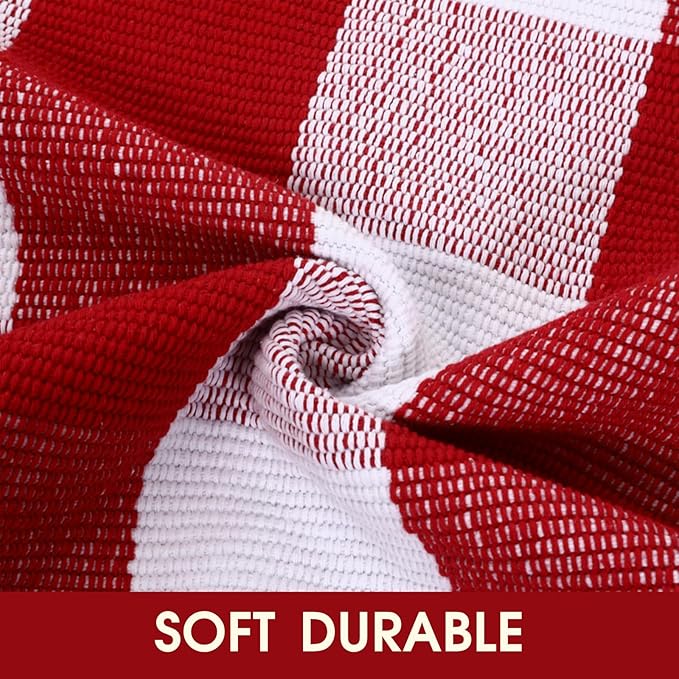 Christmas Red and White Plaid Rug - 24 x 51 Inches Outdoor Front Door Decor Mat Cotton Washable Hand-Woven Rug Christmas New Year Holiday Porch Entryway Layered Doormat