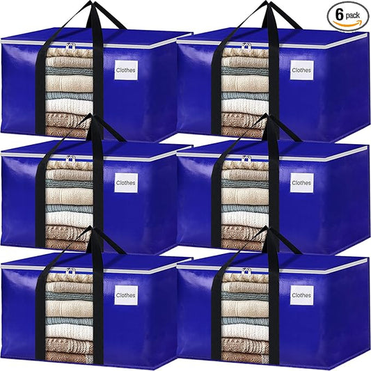 BlissTotes 6 Pack Moving Bags with Clear Window, Storage Bags with Strong Carrying Handles & Zippers,Large Packing Bags for Saving Space, Alternative to Moving Boxes(Blue,33 Gallon)