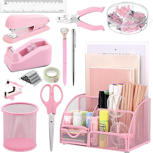 SYMDROMIA 13-in-1 Office Desk Organizer Set with Stapler and Tape Dispenser, Pen Holder, Scissors, Ruler, Hole Punch, 2 Pens & More Desktop Accessories for Back to School Supplies (Pink)