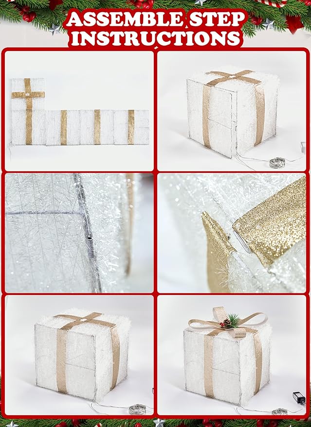 Set of 3 Christmas Decorations Lighted Gift Boxes with Bows，12" 10" 8" with 60 Pre-Lit Mini String Lights，Foldable LED Xmas Present Boxes for Tree Indoor Outdoor Holiday Party Yard Home Decor