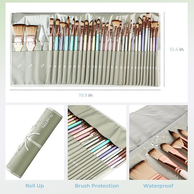 Nicpro 30pcs Paint Brush Set, Aesthetic Pastel Paintbrushes with Paint Spatula and Cloth Roll, Craft Paint Brushes for Acrylic Painting Oil Watercolor Gouache, Art Supplies for Artists and Beginners