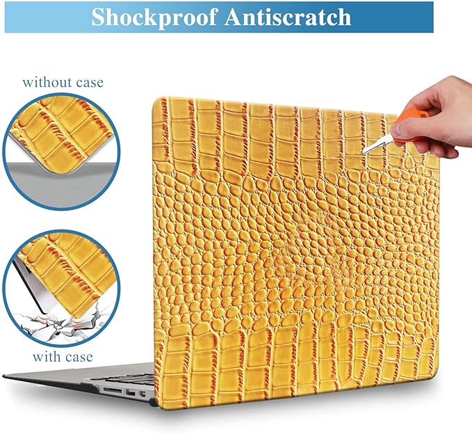 KEROM Compatible with Crocodile MacBook Air 13 Inch Case 2025-2022 M4 M3 M2 A3240 A3113 A2681, Textured Elegant Luxury Aligator Skin Snakeskin PU Leather Hardshell Case & Keyboard Cover, Yellow