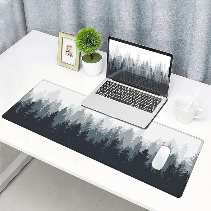Gaming Mouse Pad Large, Keyboard Mouse Mat Desk Pad, Non-Slip Rubber Base with Stitched Edges Mousepad, 31.5X11.8 inch Misty Forest Tree