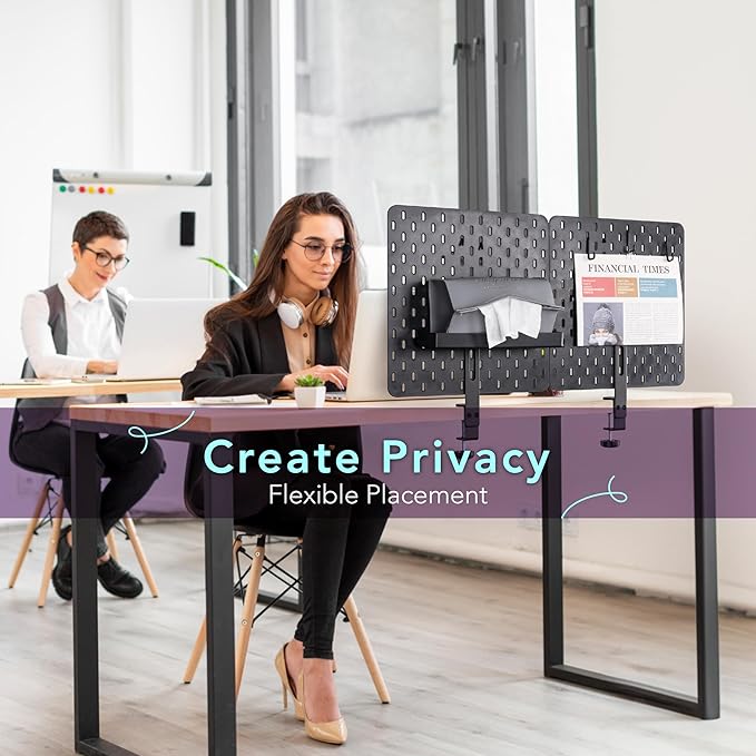EHO Clamp-On Desk Pegboard, 2Pack (Combined Size 27 x 14 inch) Privacy Divider, Desk Partition Panel, No-Drill Desk Mounted Peg Board Organizer for Office, Gaming, Home, Black