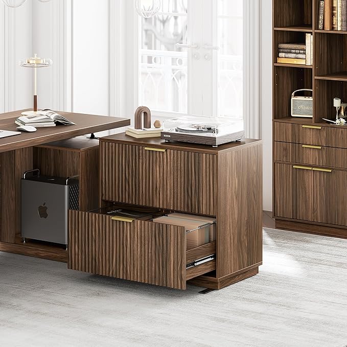 2 Drawer Fluted File Cabinet, 32'' Lateral File Cabinet for Legal/Letter/A4/F4 Size Hanging Files, Wood File Storage for Home Office, Black Walnut