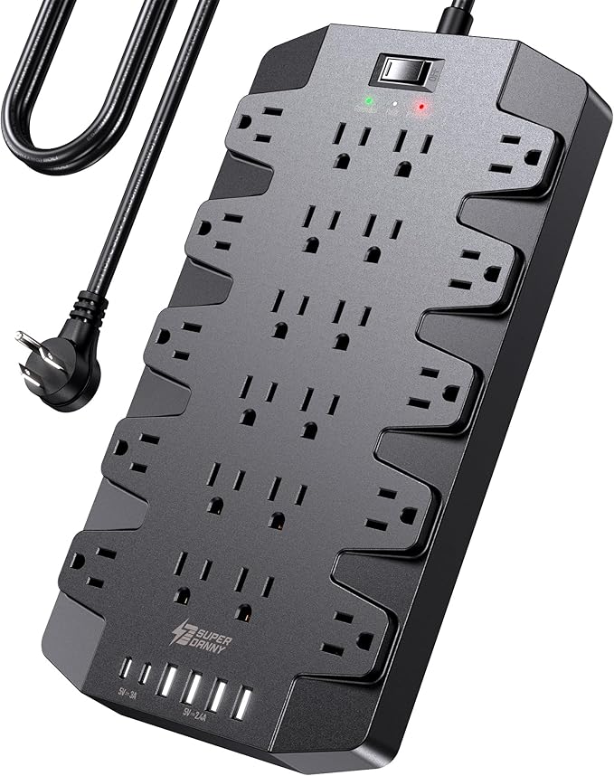 Power Strip, SUPERDANNY Surge Protector with 22 AC Outlets, 2 USB-C and 4 USB Ports, 1875W/15A, 2100J, 6.5Ft Extension Cord Surge Protector Power Strip with Wall Mount Holes for Home, Office, Dorm