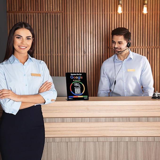 NFC Tap Stand (6-Pack) by Review Highway - Compatible with Google Reviews - NFC Tap & QR Scan for Instant Reviews - Boost SEO - iPhone/Android Compatible – Reusable and Zappy Fast (Black, 6 Stands)