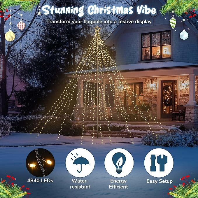 Yescom 4840 LED 20Ft Flag Pole Christmas Tree Light Kit 120V Giant-Sized Outdoor Decoration Event with Star Top 28 String Telescopic for Holiday Display Yard Commercial Carnival Lighting in Park