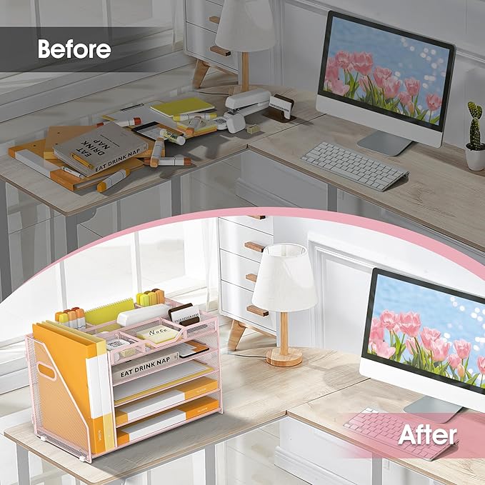 5 Tier Paper Letter Tray with File Holder and 3 Drop-in Pen Holders, Mesh Desk File Organizer with Handle, Desk Organizers and Accessories for School,Home, Office Supplies Storage-Pink