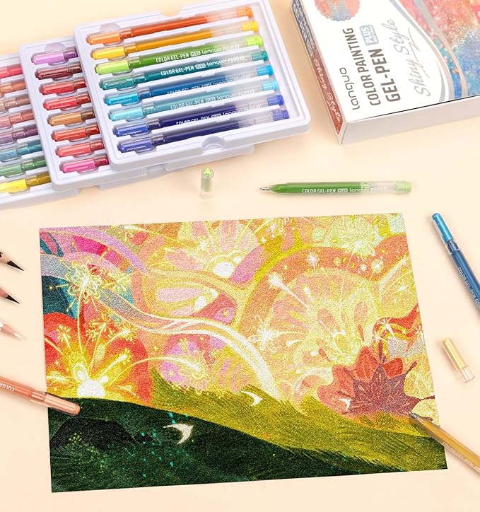 Glitter Gel Pens, 24 Pack Colored Pens for Black Paper & White Paper, 1.0mm Point Pens, Large Capacity Ink Pens for Coloring, Writing, Drawing, Journaling, Note Taking, School, Office, Home