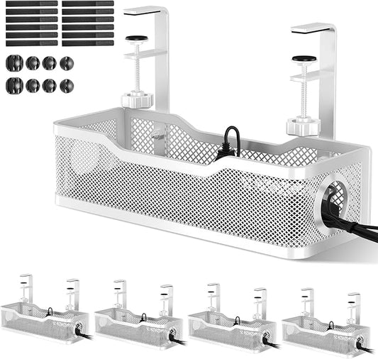 4 Pack Under Desk Cable Management Box White, Cinati 53.6" Wire Organizers No Drill, Cord Organization Tray with Clamp for Office, Home - No Damage to Desk