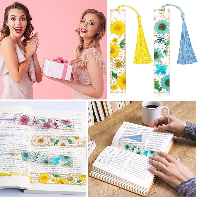 Bookmarks for Women, Kaluofan 2PCS Book Markers for Reading, Durable Handmade Dried Flower Resin Bookmarks with Tassels, Pretty and Increase Reading Interest