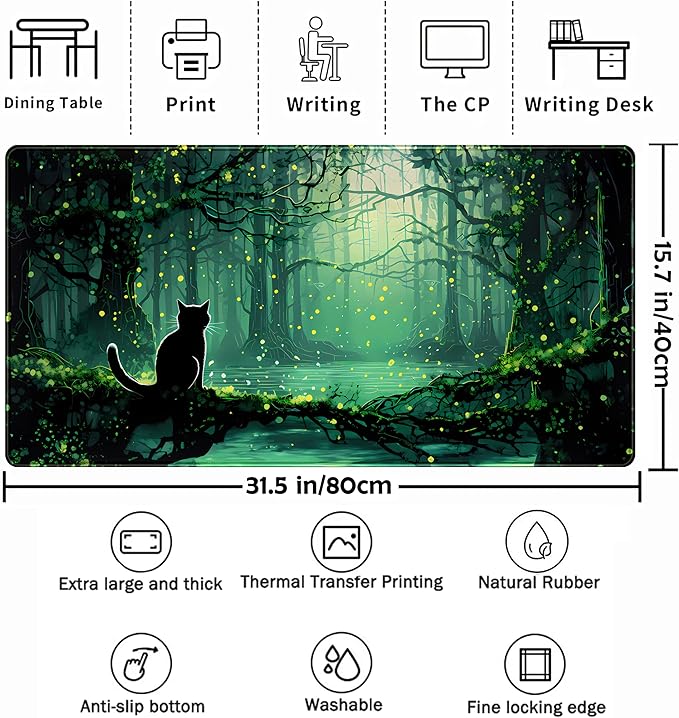 Kawaii Green Forest Desk Pad Mouse Pad Cute Black Cat Desk Mat, XXL Extended Anime Cats Large Gaming Mousepad, Computer Keyboard and Mouse Deskpad Decor Deskmat with Stitched Edges Mat 31.5x15.7 in