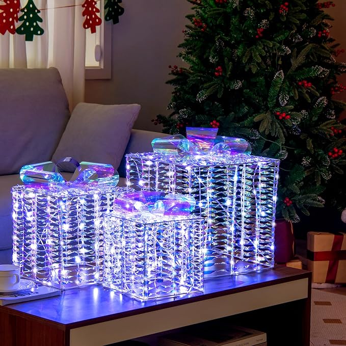 Tangkula Set of 3 Lighted Christmas Iridescent Box, 156 Cold White LED Lighted Present Boxes with Iridescent Bows, Ground Stakes, Light up Box Decorations for Indoor Outdoor, Yard, Lawn