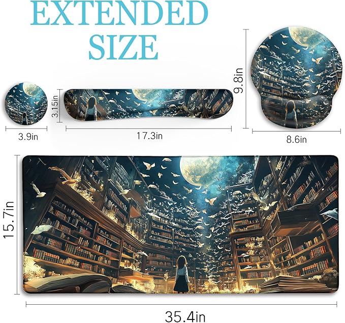 Anime Book Mouse Pad Set Large Desk Matt for Desktop, Ergonomic Mouse Pad with Wrist Rest, Gaming Mousepad Wrist Support Keyboard Mat Cup Coaster Set Cute Desk Accessories for Women Girl